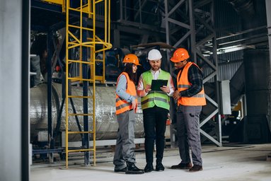 three-factory-workers-safety-hats-discussing-manufacture-plan